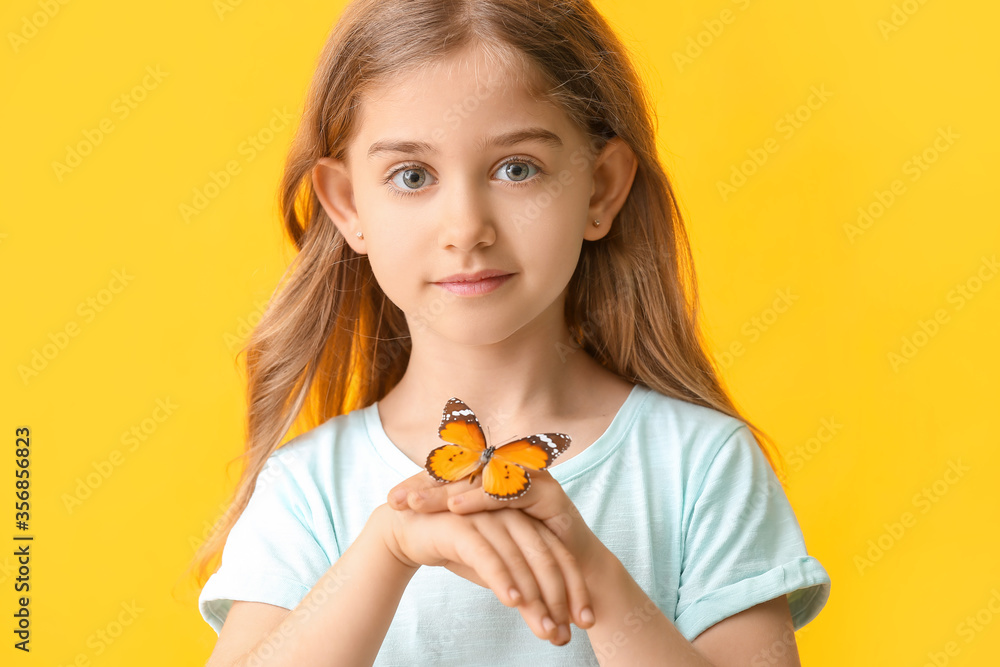 Cute little girl with butterfly on color background Cute little girl with butterfly on color background