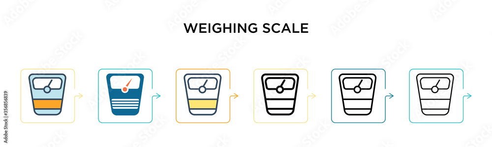 Weighing scale vector icon in 6 different modern styles. Black, two colored weighing scale icons designed in filled, outline, line and stroke style. Vector illustration can be used for web, mobile, ui Weighing scale vector icon in 6 different modern styles. Black, two colored weighing scale icons designed in filled, outline, line and stroke style. Vector illustration can be used for web, mobile, ui