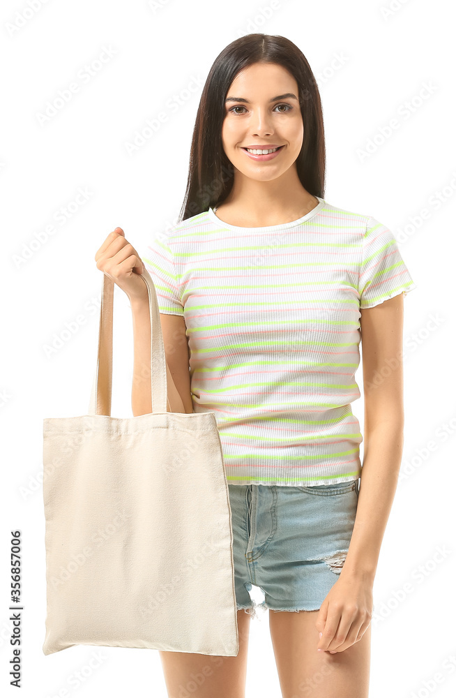 Young woman with eco bag on white background Young woman with eco bag on white background