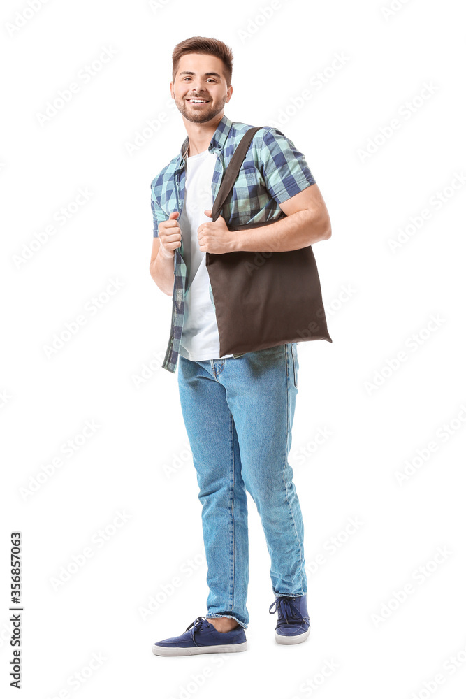 Young man with eco bag on white background Young man with eco bag on white background