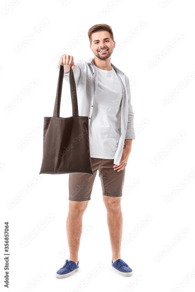 Young man with eco bag on white background Young man with eco bag on white background