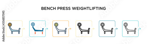 Bench press weightlifting vector icon in 6 different modern styles. Black, two colored bench press weightlifting icons designed in filled, outline, line and stroke style. Vector illustration can be