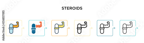 Steroids vector icon in 6 different modern styles. Black, two colored steroids icons designed in filled, outline, line and stroke style. Vector illustration can be used for web, mobile, ui