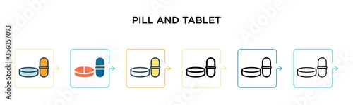 Pill and tablet vector icon in 6 different modern styles. Black, two colored pill and tablet icons designed in filled, outline, line and stroke style. Vector illustration can be used for web, mobile,