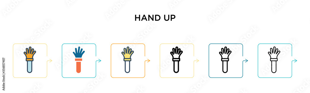 Hand up vector icon in 6 different modern styles. Black, two colored hand up icons designed in filled, outline, line and stroke style. Vector illustration can be used for web, mobile, ui Hand up vector icon in 6 different modern styles. Black, two colored hand up icons designed in filled, outline, line and stroke style. Vector illustration can be used for web, mobile, ui