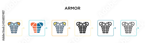 Armor vector icon in 6 different modern styles. Black, two colored armor icons designed in filled, outline, line and stroke style. Vector illustration can be used for web, mobile, ui