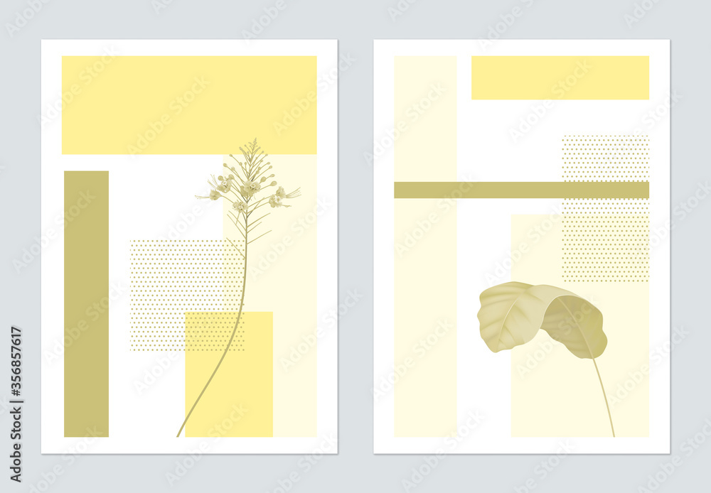 Minimalist botanical poster template design, plants and symmetry shapes, yellow tones
