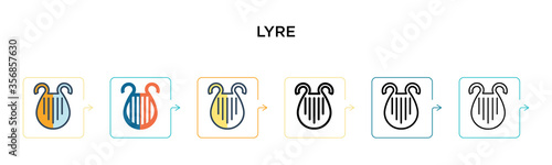 Lyre vector icon in 6 different modern styles. Black, two colored lyre icons designed in filled, outline, line and stroke style. Vector illustration can be used for web, mobile, ui