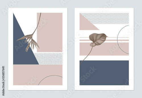 Minimalist botanical poster template design, plants and symmetry shapes, blue...