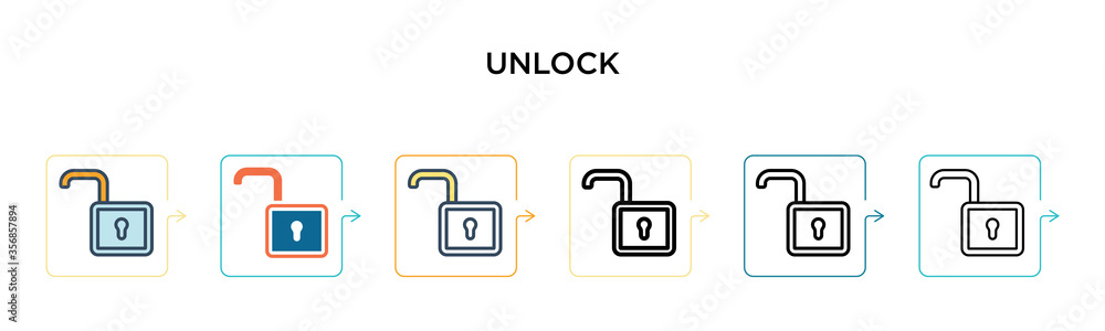 Unlock vector icon in 6 different modern styles. Black, two colored unlock icons designed in filled, outline, line and stroke style. Vector illustration can be used for web, mobile, ui Unlock vector icon in 6 different modern styles. Black, two colored unlock icons designed in filled, outline, line and stroke style. Vector illustration can be used for web, mobile, ui