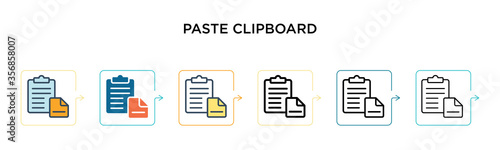 Paste clipboard vector icon in 6 different modern styles. Black, two colored paste clipboard icons designed in filled, outline, line and stroke style. Vector illustration can be used for web, mobile,