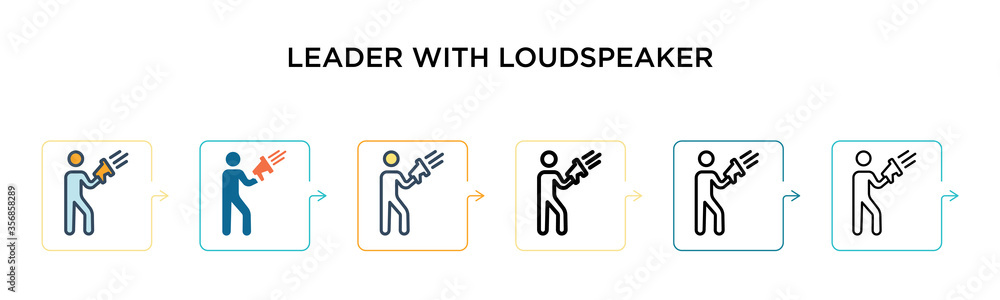 Leader with loudspeaker vector icon in 6 different modern styles. Black, two colored leader with loudspeaker icons designed in filled, outline, line and stroke style. Vector illustration can be used Leader with loudspeaker vector icon in 6 different modern styles. Black, two colored leader with loudspeaker icons designed in filled, outline, line and stroke style. Vector illustration can be used