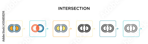 Intersection vector icon in 6 different modern styles. Black, two colored intersection icons designed in filled, outline, line and stroke style. Vector illustration can be used for web, mobile, ui