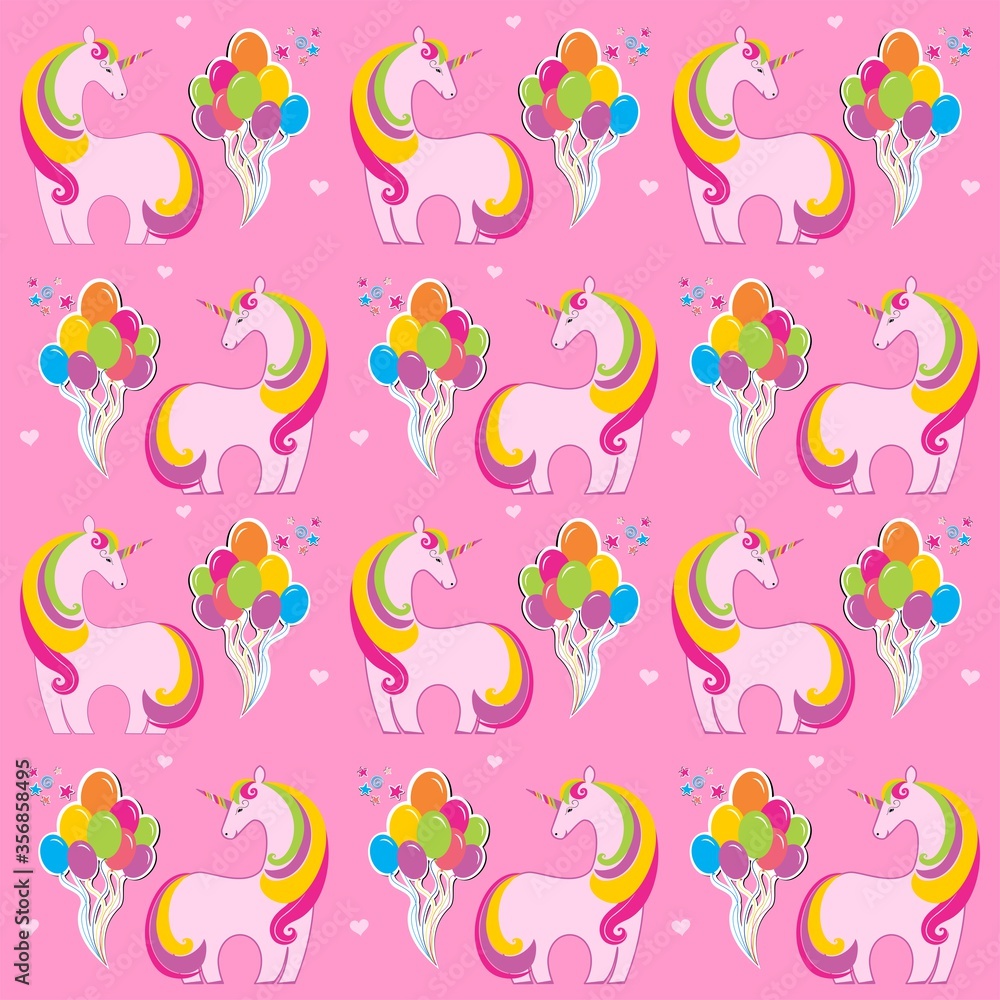 Cute colorful unicorn and colorful balloons seamless pattern background in kawaii style.  Good for textiles, fabrics, bedding, wrapping paper, scrapbooking, etc. illustration