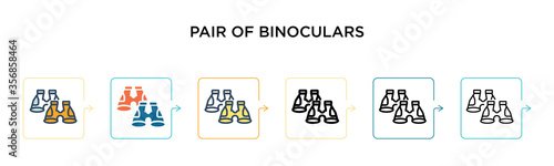 Pair of binoculars vector icon in 6 different modern styles. Black, two colored pair of binoculars icons designed in filled, outline, line and stroke style. Vector illustration can be used for web,