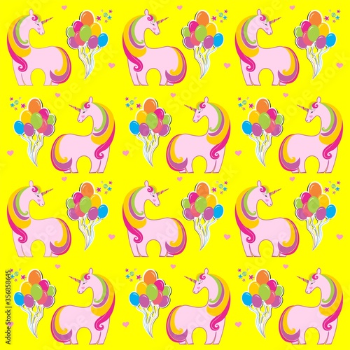 Cute unicorn and colorful balloons seamless pattern background in kawaii style.  Good for textiles  fabrics  bedding  wrapping paper  scrapbooking  etc.  illustration