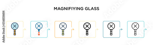 Magnifiying glass vector icon in 6 different modern styles. Black, two colored magnifiying glass icons designed in filled, outline, line and stroke style. Vector illustration can be used for web,