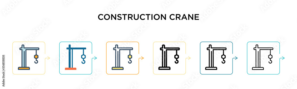 Construction crane vector icon in 6 different modern styles. Black, two colored construction crane icons designed in filled, outline, line and stroke style. Vector illustration can be used for web, Construction crane vector icon in 6 different modern styles. Black, two colored construction crane icons designed in filled, outline, line and stroke style. Vector illustration can be used for web,