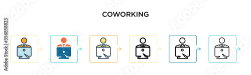 Coworking vector icon in 6 different modern styles. Black, two colored coworking icons designed in filled, outline, line and stroke style. Vector illustration can be used for web, mobile, ui