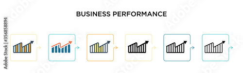 Business performance vector icon in 6 different modern styles. Black, two colored business performance icons designed in filled, outline, line and stroke style. Vector illustration can be used for
