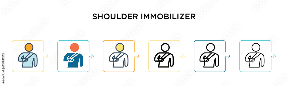 Shoulder immobilizer vector icon in 6 different modern styles. Black, two colored shoulder immobilizer icons designed in filled, outline, line and stroke style. Vector illustration can be used for Shoulder immobilizer vector icon in 6 different modern styles. Black, two colored shoulder immobilizer icons designed in filled, outline, line and stroke style. Vector illustration can be used for