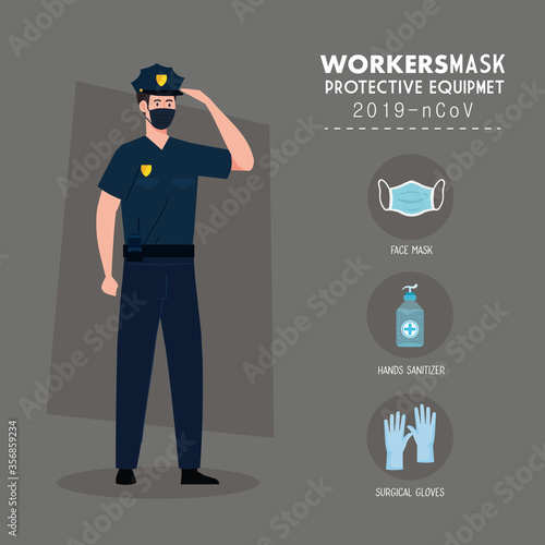 policeman wearing face mask during covid 19 with protective equipment for prevention coronavirus vector illustration design