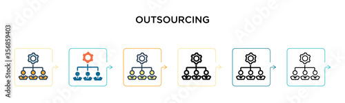 Outsourcing vector icon in 6 different modern styles. Black, two colored outsourcing icons designed in filled, outline, line and stroke style. Vector illustration can be used for web, mobile, ui