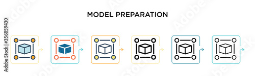 Model preparation vector icon in 6 different modern styles. Black, two colored model preparation icons designed in filled, outline, line and stroke style. Vector illustration can be used for web,