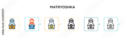 Matryoshka vector icon in 6 different modern styles. Black, two colored matryoshka icons designed in filled, outline, line and stroke style. Vector illustration can be used for web, mobile, ui