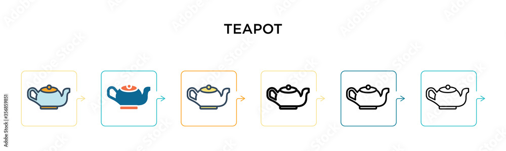 Teapot vector icon in 6 different modern styles. Black, two colored teapot icons designed in filled, outline, line and stroke style. Vector illustration can be used for web, mobile, ui Teapot vector icon in 6 different modern styles. Black, two colored teapot icons designed in filled, outline, line and stroke style. Vector illustration can be used for web, mobile, ui
