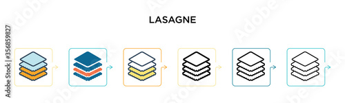 Lasagne vector icon in 6 different modern styles. Black, two colored lasagne icons designed in filled, outline, line and stroke style. Vector illustration can be used for web, mobile, ui
