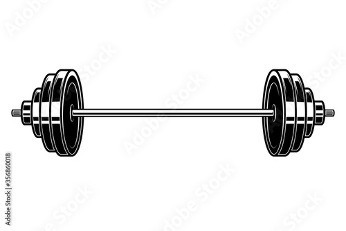 Illustration of heavy athletic barbell in engraving style. Design element for logo, label, emblem, sign, badge. Vector illustration photo