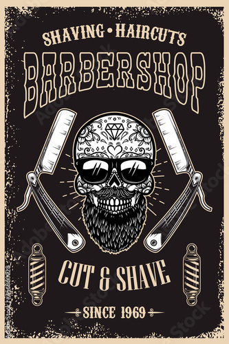 Barbershop poster template. Bearded mexican sugar skull and barber blades. Design element for poster, card, banner, t shirt, logo, emblem. Vector illustration