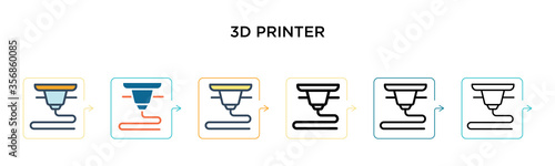 3d printer vector icon in 6 different modern styles. Black, two colored 3d printer icons designed in filled, outline, line and stroke style. Vector illustration can be used for web, mobile, ui