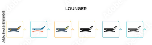 Lounger vector icon in 6 different modern styles. Black, two colored lounger icons designed in filled, outline, line and stroke style. Vector illustration can be used for web, mobile, ui