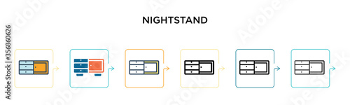 Nightstand vector icon in 6 different modern styles. Black, two colored nightstand icons designed in filled, outline, line and stroke style. Vector illustration can be used for web, mobile, ui