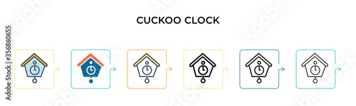 Cuckoo clock vector icon in 6 different modern styles. Black, two colored cuckoo clock icons designed in filled, outline, line and stroke style. Vector illustration can be used for web, mobile, ui photo