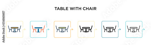 Table with chair vector icon in 6 different modern styles. Black, two colored table with chair icons designed in filled, outline, line and stroke style. Vector illustration can be used for web,