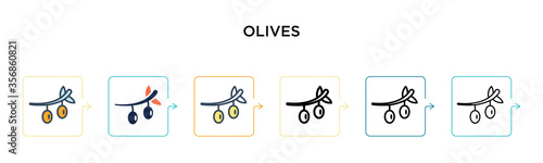Olives vector icon in 6 different modern styles. Black, two colored olives icons designed in filled, outline, line and stroke style. Vector illustration can be used for web, mobile, ui