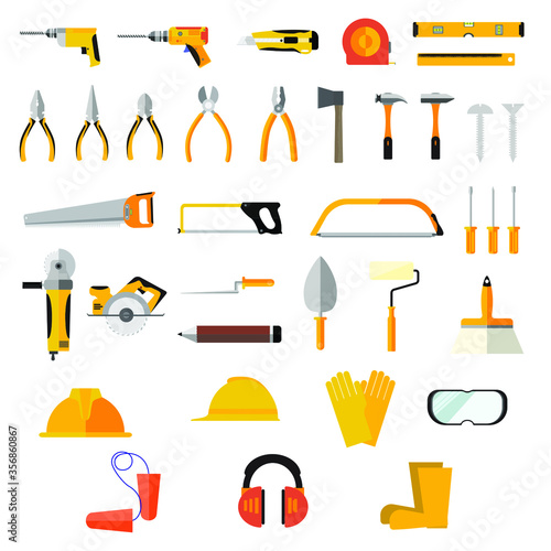Construction concept tools all of tools supplies for house repair builder on white background vector illustration