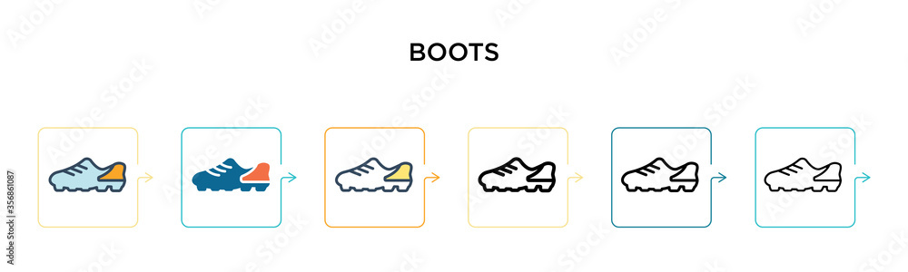 Boots vector icon in 6 different modern styles. Black, two colored boots icons designed in filled, outline, line and stroke style. Vector illustration can be used for web, mobile, ui Boots vector icon in 6 different modern styles. Black, two colored boots icons designed in filled, outline, line and stroke style. Vector illustration can be used for web, mobile, ui