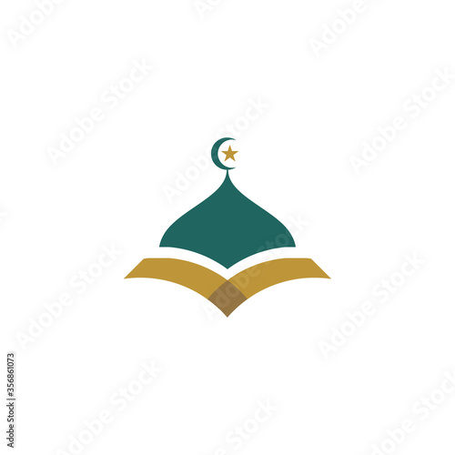 Modern Green Gold Islamic Mosque And Quran Logo flat style Isolated on White Background. Vector Illustration