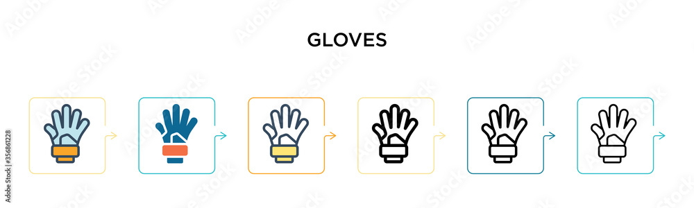 Gloves vector icon in 6 different modern styles. Black, two colored gloves icons designed in filled, outline, line and stroke style. Vector illustration can be used for web, mobile, ui Gloves vector icon in 6 different modern styles. Black, two colored gloves icons designed in filled, outline, line and stroke style. Vector illustration can be used for web, mobile, ui