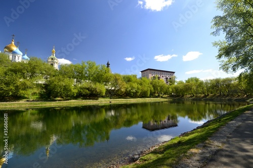Pond of Novospassky Monastery in spring