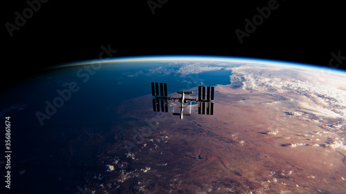 Fototapeta Naklejka Na Ścianę i Meble -  International Space Station (ISS) Orbiting Earth in Space - SpaceX & NASA Research - ISS Satellite Sunset View Low Orbit - 3D Model by NASA - 3D Rendering