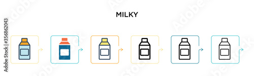 Milky vector icon in 6 different modern styles. Black, two colored milky icons designed in filled, outline, line and stroke style. Vector illustration can be used for web, mobile, ui