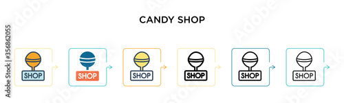 Candy shop vector icon in 6 different modern styles. Black, two colored candy shop icons designed in filled, outline, line and stroke style. Vector illustration can be used for web, mobile, ui