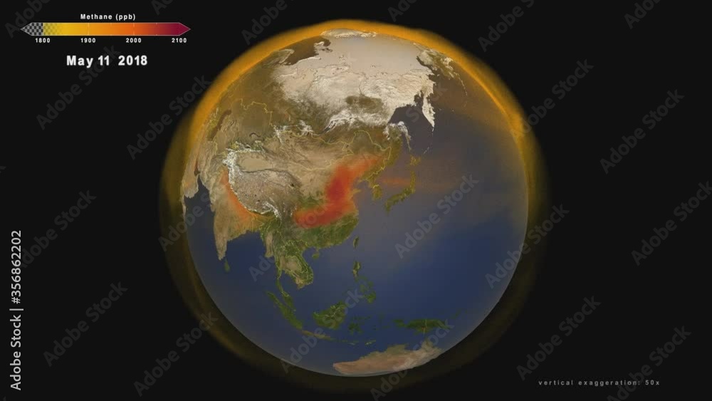 Time lapse animation of global atmospheric methane emission to study greenhouse effect in the world during 2018. Elements of this image furnished by NASA