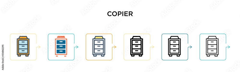 Copier vector icon in 6 different modern styles. Black, two colored copier icons designed in filled, outline, line and stroke style. Vector illustration can be used for web, mobile, ui Copier vector icon in 6 different modern styles. Black, two colored copier icons designed in filled, outline, line and stroke style. Vector illustration can be used for web, mobile, ui