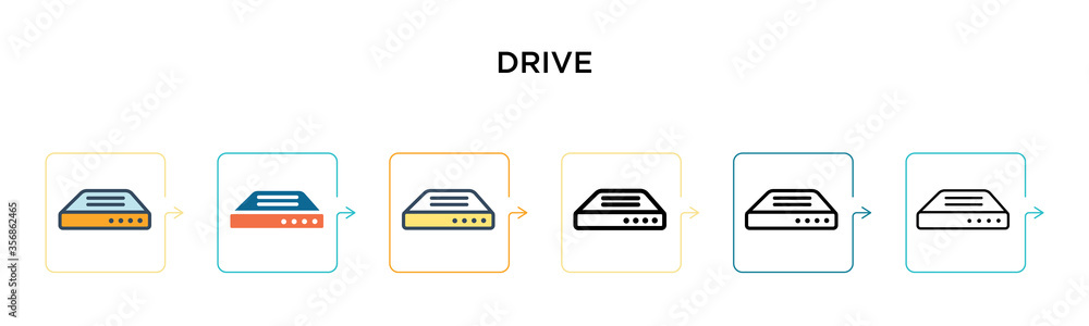 Drive vector icon in 6 different modern styles. Black, two colored drive icons designed in filled, outline, line and stroke style. Vector illustration can be used for web, mobile, ui Drive vector icon in 6 different modern styles. Black, two colored drive icons designed in filled, outline, line and stroke style. Vector illustration can be used for web, mobile, ui